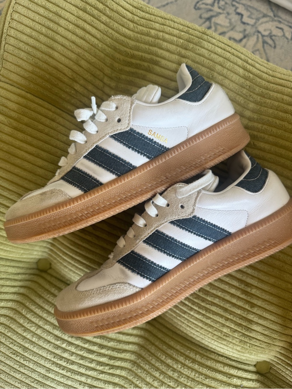 adidas Samba White Sneakers with Navy Stripes and Gum Sole - Picture 3 of 4